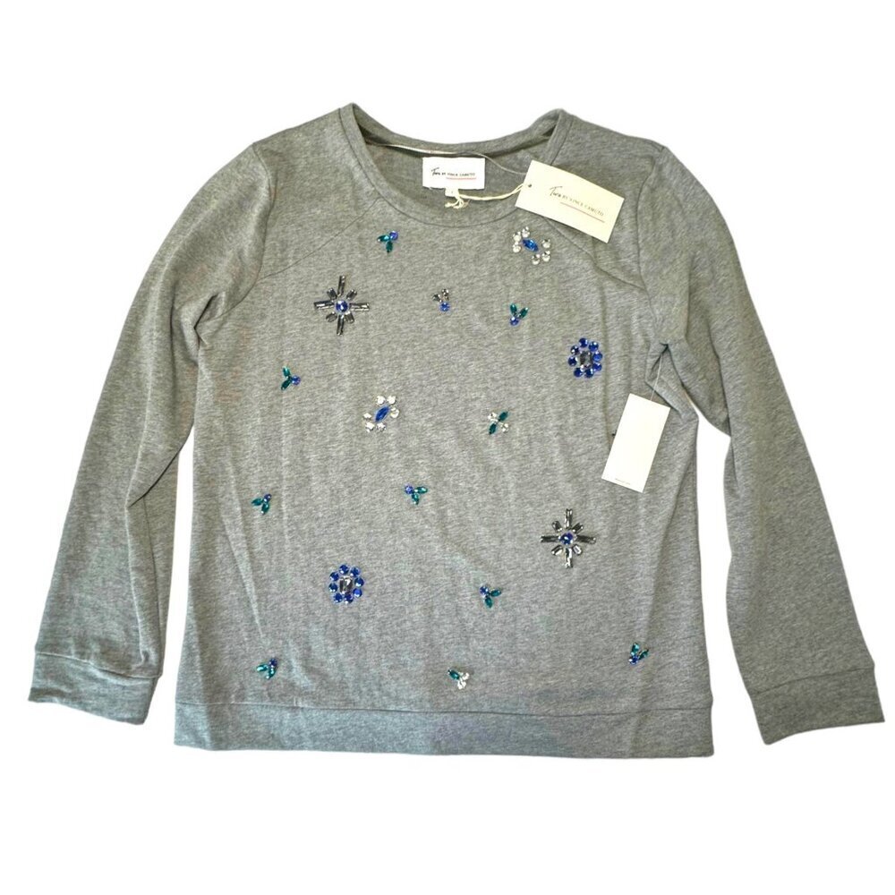 NWT Vince Camuto Rhinestone Sweatshirt Top Sz.L Gray Embellished Cotton Preppy
